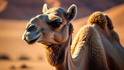 Majestic close up portrait of a camel amidst shifting desert sands under sunlight