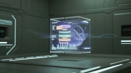 Advanced technology interface showing data visualization with glowing elements inside futuristic environment for digital and science industries and advanced data processing concepts