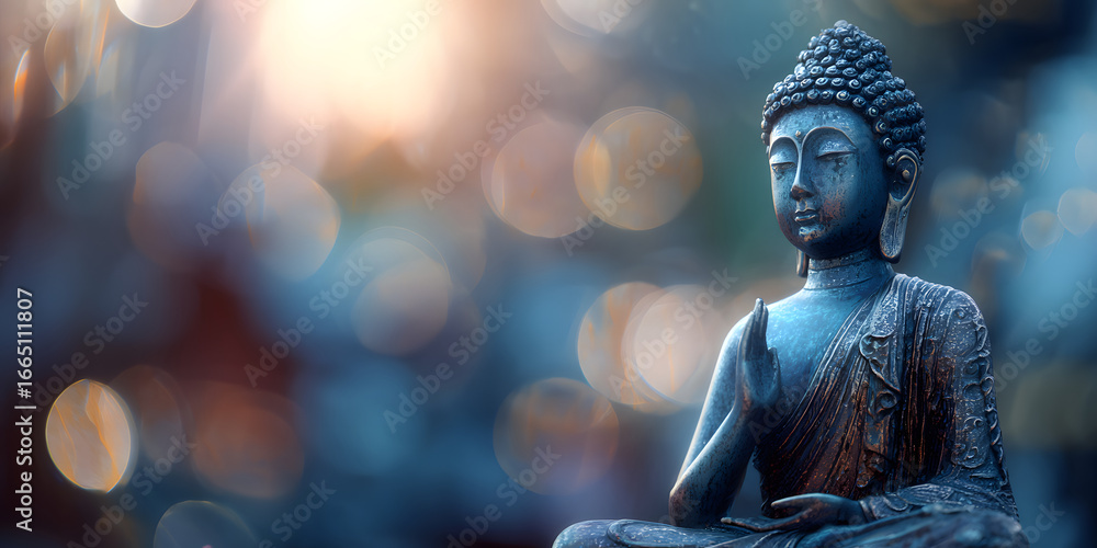 Poster buddha statue meditation soft color and blur style in the shiny bokeh. generative ai