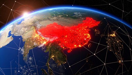 Digital Earth with glowing red overlay on China and global currency network on dark space background