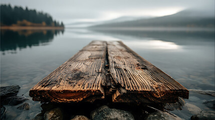 Calm water reflects foggy mountains near wooden dock at dawn in serene landscape