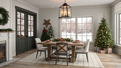 Fototapeta premium Modern Christmas dining room with extendable farmhouse reclaimed wood table and elegant holiday styling for California coast homes