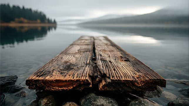 Calm water reflects foggy mountains near wooden dock at dawn in serene landscape