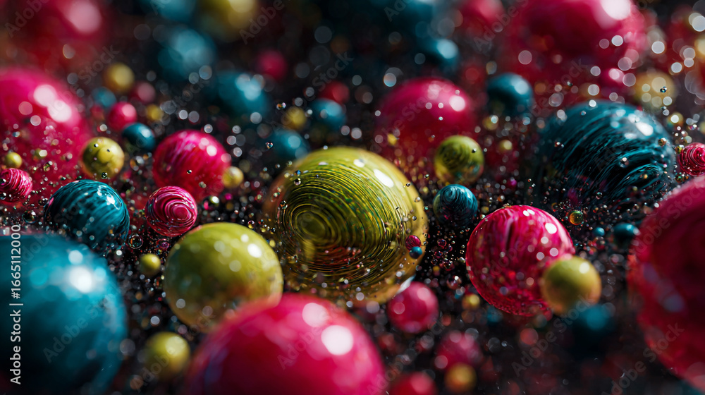 Poster A vibrant array of colorful spheres and tiny beads scattered across a dark textured surface close up view