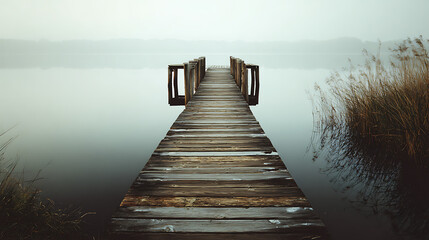 Fog envelops a tranquil wooden pier extending into still waters at dawn