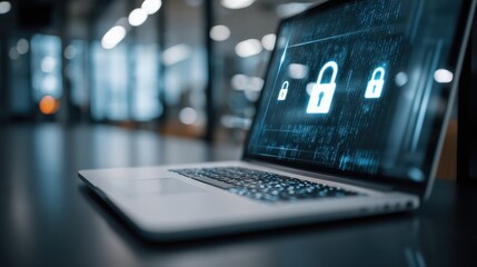 Laptop screen displaying digital security locks and binary code, representing cyber protection and data encryption in a modern technology concept