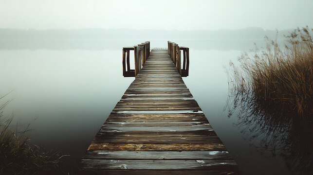 Fog envelops a tranquil wooden pier extending into still waters at dawn - Powered by Adobe