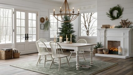 Fototapeta premium Realistic Minimalist White Interiors USA dining room, festive table setting and seasonal decor in earth tones with forest green hues