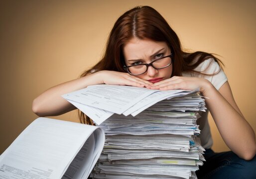 Stressed woman with glasses pushed up resting head on pile of tax documents