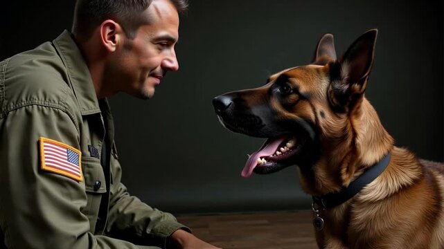 Dedicated trainer commands attentive German Shepherd, fostering trust and partnership with American flag patch symbolizing service and loyalty.