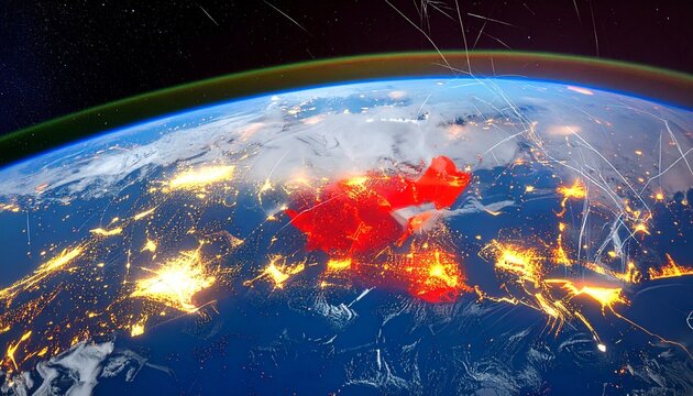 Digital Earth with glowing red overlay on China and global currency network on dark space background