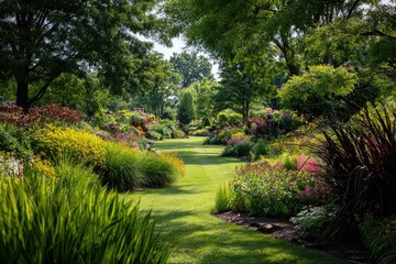Obraz premium Sun-dappled garden path winds through vibrant, lush borders of flowering perennials and ornamental grasses, creating a tranquil, idyllic scene