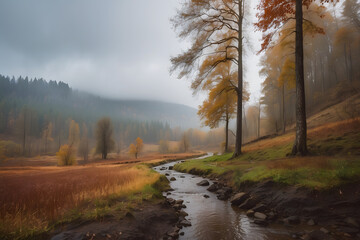landscape of a dark forest in the middle of Dark river fog coniferous trees