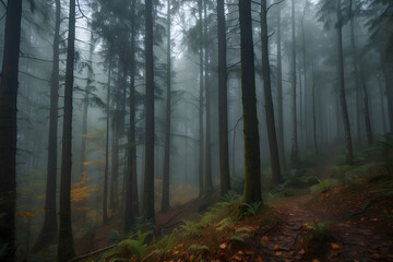 Obraz premium Landscape of a dark forest in the middle of Dark river fog coniferous trees