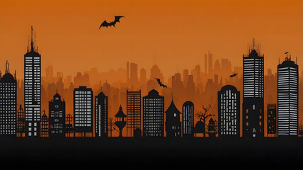 Black silhouettes of different buildings on an orange background bats are flying Halloween