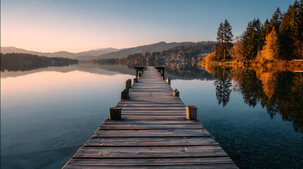 Fototapeta premium Autumn sunset over a calm lake with a wooden pier reflecting serene surroundings