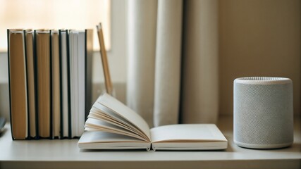 Open book and smart speaker on desk with stacked books for self-education theme, copy space