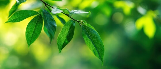 Obraz premium The Green Leaves on a Branch in Soft Sunlight with Bokeh Background