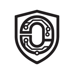 Cybersecurity Shield Icon with Circuit Board Pattern for Technology and Protection Concepts Digital Safety and Data Security Illustration Black and White