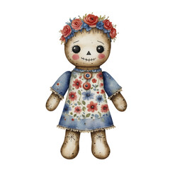 A rustic fabric doll with a floral crown and a patterned dress stands against a dark background