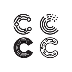 Diverse Circuit Board C Letter Designs in Black and White Showcasing Technological and Electronic Conceptualizations for Branding and Logos