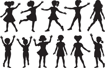 Collection of Girl Silhouettes in Various Poses Black Vector Graphics Isolated on White Background Expressing Joy Happiness and Childhood Activities