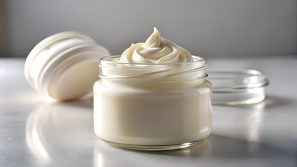 Creamy White Lotion in Glass Jar on Marble Surface with Lid