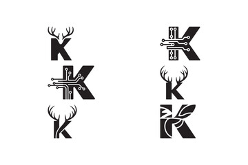 Elegant Letter K Logo Designs with Deer Antlers Technology and Leaf Elements for Brand Identity and Creative Concepts