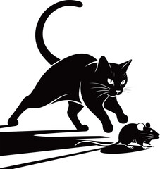 A stylized black and white illustration of a stalking cat chasing a mouse, a classic predatory scene in a graphic style.