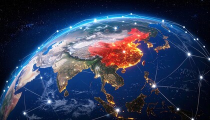 Digital Earth with glowing red overlay on China and global currency network on dark space background