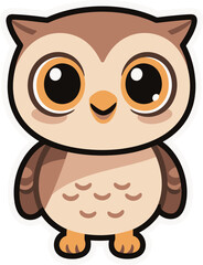A cute and adorable cartoon sticker of a little owl with a white outline, a perfect character for children's designs.