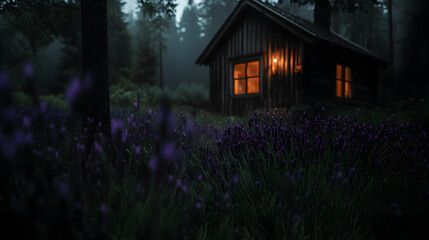 A wooden cottage surrounded by blooming lavender.