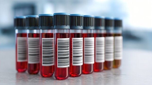 A collection of blood sample vials with labels, arranged neatly on a laboratory surface.
