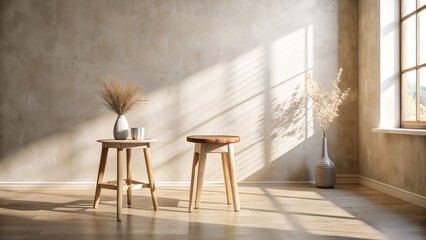 Minimalist Interior with Wooden Stools Vases and Sunlight Streaming Through a Window