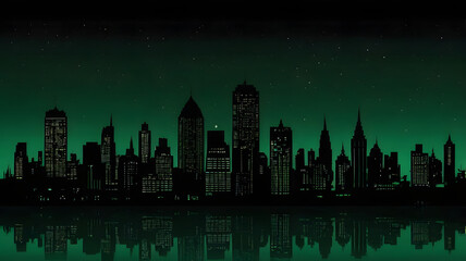 Gloomy halloween night dark silhouettes of buildings against green sky moon bats