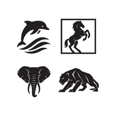Vector set of wild animal icons featuring a dolphin horse elephant and tiger in black and white design style