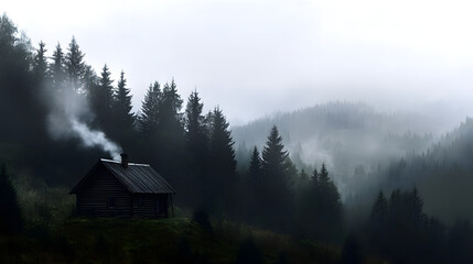 A wooden mountain hut with smoke rising from the chimney, surrounded by tall pine trees and rolling hills in the distance.