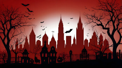Dark silhouettes of buildings on red sunset sky bats halloween