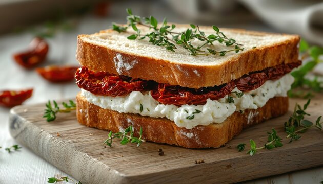 Goat Cheese, Sun-Dried Tomato, And Thyme Sandwich On A Bright Wooden Surface Presented On A Serving Board. Delicious Combination.
