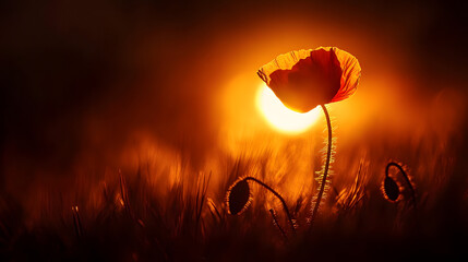 Close-up of a single poppy against the setting sun.