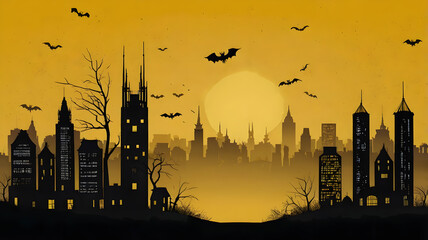 Dark silhouette of halloween editions on orange and yellow background
