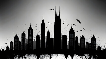 Dark silhouettes of buildings bats at sunset sky