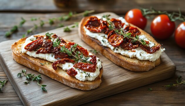 Goat Cheese, Sun-Dried Tomato, And Thyme Sandwich On Wooden Board With Bright Setting. A Delicious Meal Presentation On A Wooden Surface.