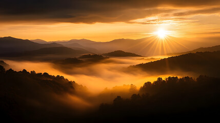 Dense morning fog rolling over the hills and valleys, with the sun starting to rise behind distant mountain ranges.