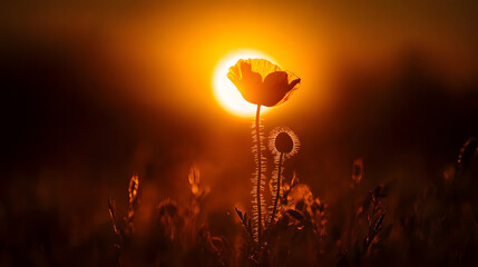 Close-up of a single poppy against the setting sun.