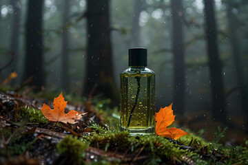 Glass bottle for cosmetic or perfume products in autumn forest among fallen leaves 