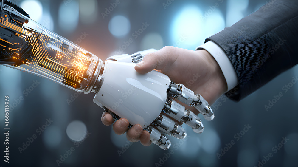 Poster businessman shaking hands with a robot showing collaboration between humans and artificial intellige