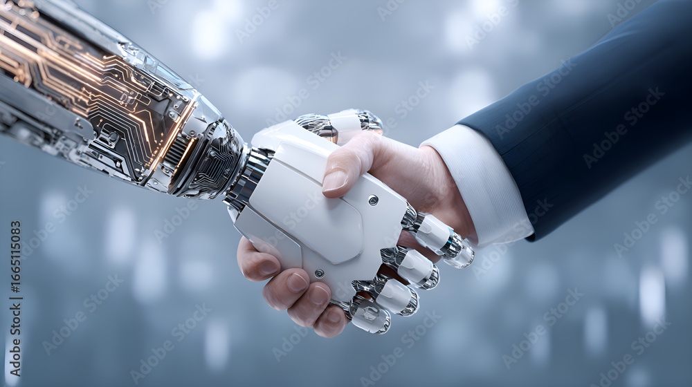 Poster businessman shaking hands with robot showing artificial intelligence