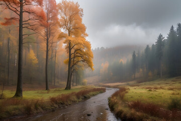 Autumn cloudy landscape trees covered with golden foliage slope