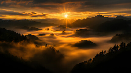 Dense morning fog rolling over the hills and valleys, with the sun starting to rise behind distant mountain ranges.